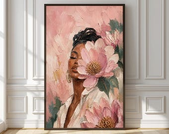 Black Woman Floral Portrait Wall Art Painting | Blush Pink  African Girl Art | Modern Feminine Room Decor
