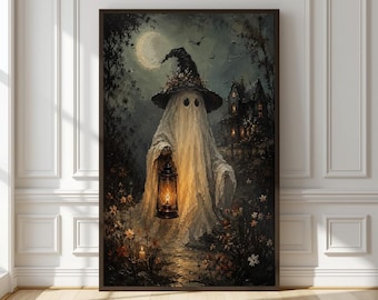 Vintage Halloween Ghost Print | Haunted Halloween Village Wall Art | Spooky Season  Art Print | Gothic Home Decor