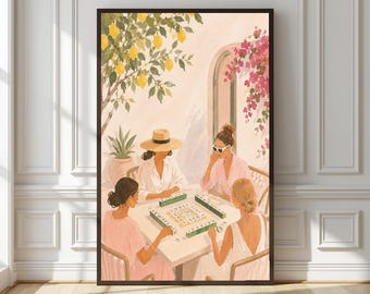 Mahjong Game Room Wall Art, Garden Gathering in Green and Coral, Digital Download