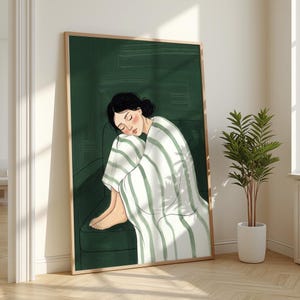 Konsttryck med sovande kvinna: Grön randig filt, smaragdgröna soffan, mysig minimalistisk väggdekoration (digital nedladdning)