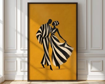 Afrocentric  Black Couple Wall Art, Abstract Figures, Black Love Art, Mustard Yellow Afrobohemian Print, African American Digital Download