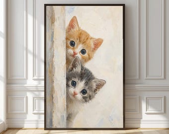 Lámina decorativa de gatitos asomándose / Pintura al óleo texturizada de gato atigrado naranja y gris / Decoración contemporánea para dormitorio / Regalo para amantes de los gatos
