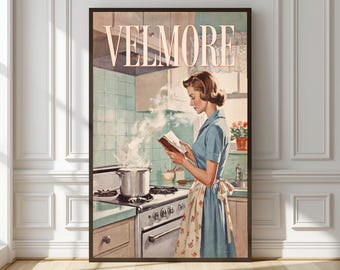 Póster divertido de cocina / Portada de revista de arte mural de cocina retro de los años 60 / Lámina vintage de ama de casa con olla hirviendo desbordándose / Decoración de cocina color turquesa