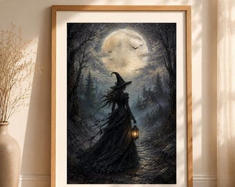 Halloween Witch Wall Art Printable, Gothic Full Moon Poster, Dark Academia Witch Decor, Spooky Forest Digital Download