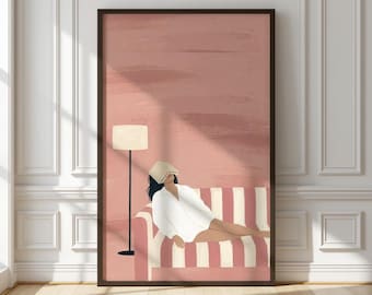Woman Reading Book Art Print | Blush Pink Striped Sofa Book On Face | Cozy Book Lover Gift For Her | Feminine Bedroom Reading Nook Decor
