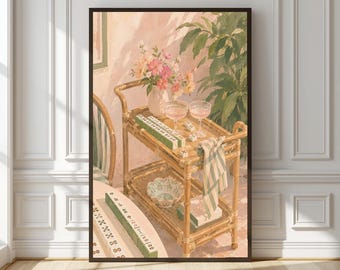 Mahjong Bar Cart Wall Art, Preppy Cocktail Illustration, Digital Download