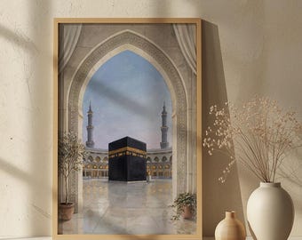 Lámina decorativa de la Kaaba para pared / Pintura al óleo con vista del Arco de La Meca / Decoración islámica para el hogar en tonos beige neutros / Póster de la Mezquita Sagrada al atardecer / Regalo musulmán