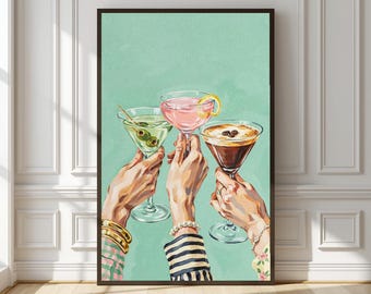 Lámina para coctelería, arte para brindis de noche de chicas, póster de trío de martinis preppy, decoración de pared de bar verde menta, lámina de espresso martini, arte de brindis con Cosmopolitan