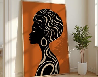 Lámina artística de mujer africana / Silueta afro de olas fluidas en terracota / Regalo de decoración de pared para mujer negra / Arte moderno afrocéntrico para sala de estar