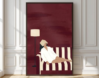 Lámina artística de mujer leyendo un libro / Sofá a rayas color burdeos con libro sobre la cara / Regalo para amantes de los libros / Decoración femenina y sofisticada para un rincón de lectura