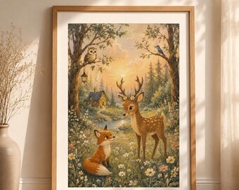 Enchanted Forest Folk Wall Art Print | Whimsical Woodland Cottage Nature Art | Scandinavian Decor | Deer Fox Art |  Whimsical Nursery Print