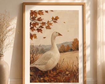 Goose Fall Wall Art Print | Autumn Bird Folk Painting | Rustic Farmhouse Decor | Bird Lover Gift