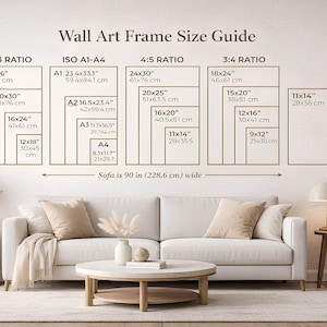 May include: A Wall Art Frame Size Guide chart displaying various dimensions in inches and centimeters for 2:3, ISO A1-A4, 4:5, and 3:4 ratios. The text includes a reference note stating that the sofa is 90 inches (228.6 cm) wide.