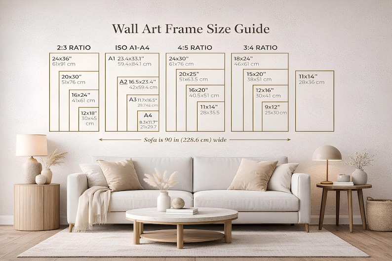 May include: A Wall Art Frame Size Guide chart displaying various dimensions in inches and centimeters for 2:3, ISO A1-A4, 4:5, and 3:4 ratios. The text includes a reference note stating that the sofa is 90 inches (228.6 cm) wide.