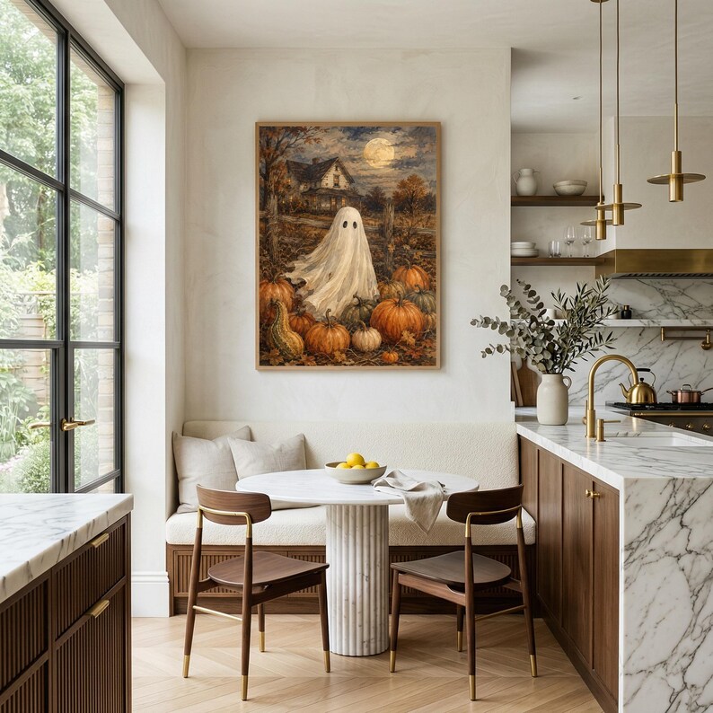 May include: A framed wall art print depicting a white ghost standing in a pumpkin patch at night with a full moon and a house in the background. The scene features orange pumpkins, autumn foliage, and dark trees under a moonlit sky.