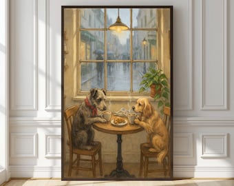 Lámina artística de cafetería para perros / Decoración de pared para una acogedora noche de cafetería / Regalo de aniversario para amantes de los perros / Pintura de una cita para tomar café con dos perros bajo la lluvia en una ventana