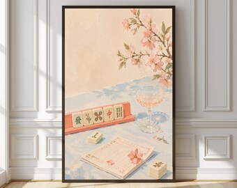 Mahjong Tile Wall Art, Blue and Coral Still Life, Digital Download