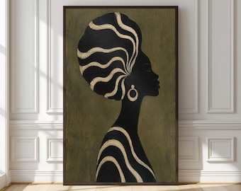African Woman Silhouette Wall Art | Black Gold Wavy Stripe Portrait Print | Afrocentric Living Room Decor | Gift For Her