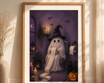 Ghost Holding Toilet Paper Bathroom Wall Art | Moody Dark Cottagecore Decor | Funny Halloween Art Print