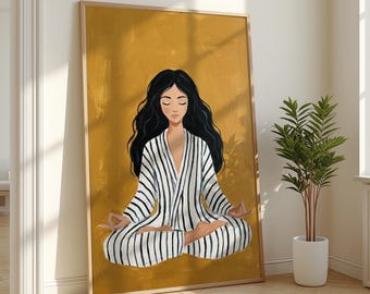 Meditation Woman Art Print | Mustard Yellow Yoga Pose Striped Outfit |  Mindfulness Gift For Her | Boho Contemporary Yoga Room Decor