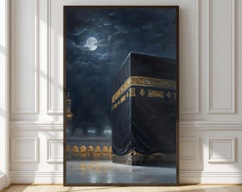 Decoración de pared para el hogar con la Kaaba / Lámina artística de La Meca, pintura al óleo nocturna / Póster islámico de la Mezquita Al-Haram a la luz de la luna / Regalo musulmán para el Eid al-Adha
