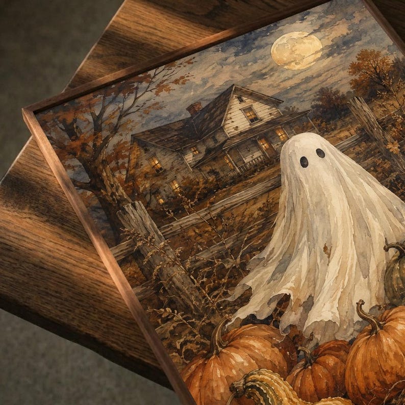May include: A framed wall art print featuring a watercolor illustration of a white sheet ghost standing in a pumpkin patch at night. A two-story house with glowing windows sits in the background under a full moon, surrounded by autumn trees.