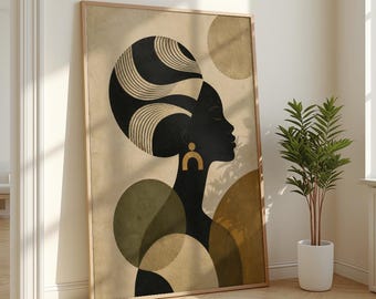 African Woman Silhouette Wall Art | Geometric Bauhaus Portrait Gold Olive | Boho Living Room Decor | Gift For Her Black Art