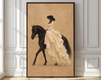 Black Woman Horse Rider Print: Neutral Afrocentric Equestrian Wall Art, Couture Fashion Digital Download