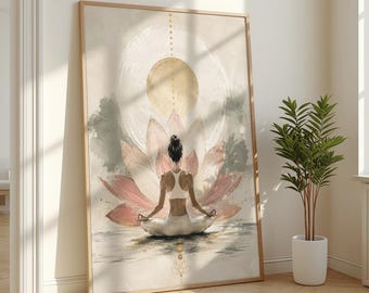 Arte mural de loto para yoga / Pintura de meditación con loto / Decoración espiritual para yoga / Impresión de flor de loto / Arte mural para la atención plena