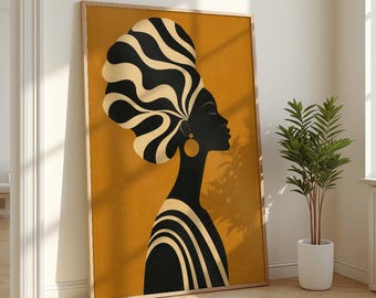 Retrato de silueta afrocéntrica en negro mostaza / Arte de pared para mujer con turbante estampado de cebra / Decoración bohemia para sala de estar / Regalo para ella