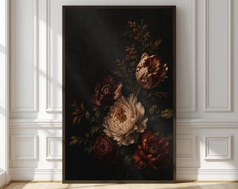 Dramatic Floral Wall Art Print | Bold Dark Botanical Painting | Moody Living Room Decor | Housewarming Gift