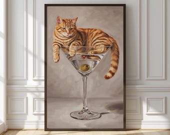 Cool Cat Bar Decor, Parody Cat Painting Print, Cat Martini Gift, Cocktail Cat Poster, Retro Cat Wall Art