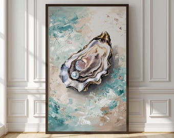 Cuadro decorativo de ostras / Lámina de pintura al óleo de ostra con perla / Arte mural costero con textura en tonos azul verdoso y dorado / Decoración para casa de playa