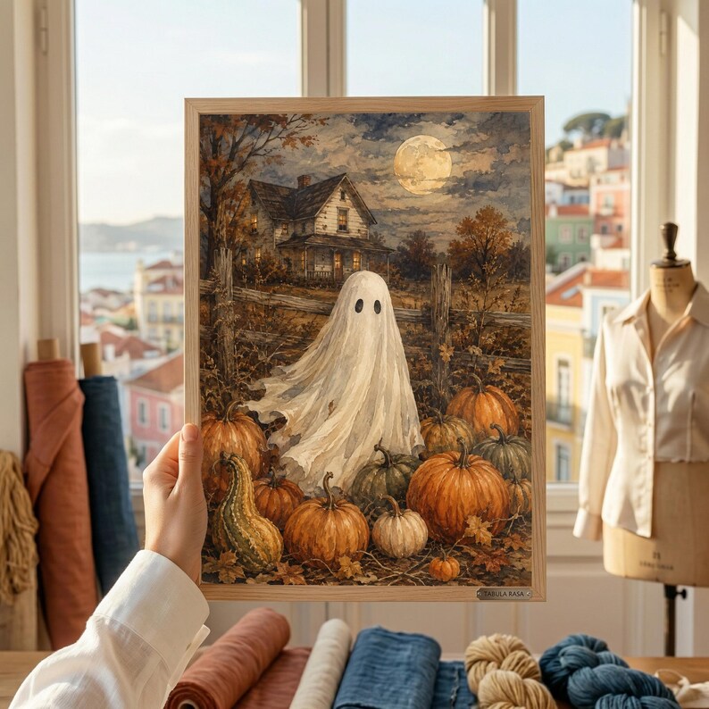 May include: A framed art print depicting a white ghost standing in a pumpkin patch in front of a house under a full moon. The scene features orange pumpkins, a wooden fence, and autumn trees in a dark, atmospheric setting with a light-colored sky.