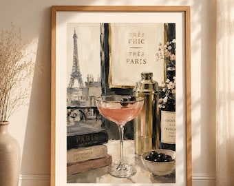 Parisian Bar Cart Art Print | French Cocktail Painting | Champagne Chic Decor | Wine Lover Gift