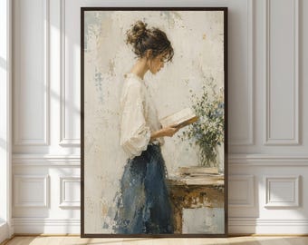 Victorian Woman Reading Book Wall Art | Blue White Vintage Oil Painting Print | Cottagecore Book Lover Decor