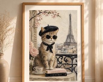 Parisian Cat Art Print | French Chic Animal Painting | Living Room Whimsical Decor | Cat Lover Gift