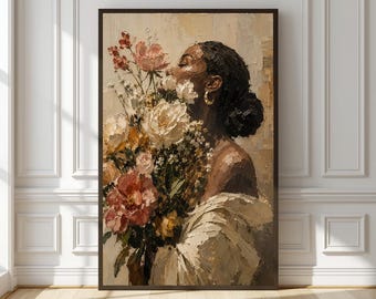 Black Woman Floral Portrait Art Print | Boho Afro Wall Art | Modern Feminine Decor | Peony Bouquet Painting