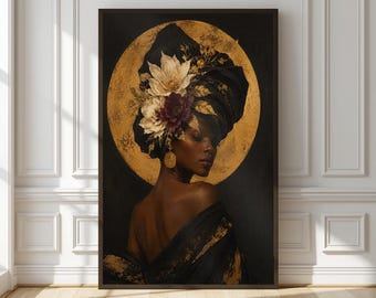 Black Woman Gold Portrait Art Print | Afrocentric Headwrap Wall Art | Luxury Black Gold Decor