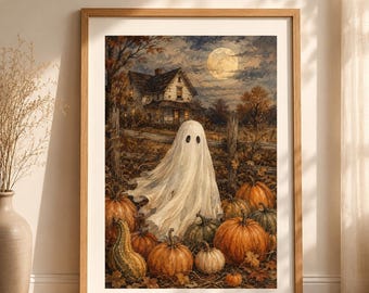 Rustic Ghost Printable, Pumpkin Patch Wall Art, Haunted Farmhouse Painting, Cottage Halloween Decor, Autumn Digital Download