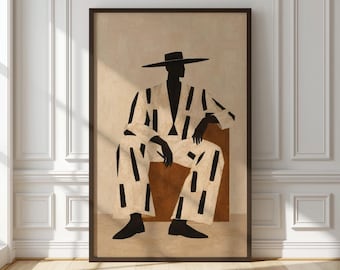 Seated Black Man Wall Art, Striped Coat Portrait, Afrocentric Home Decor, Moody Figurative Artwork, Digital Art Print