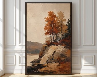 Fall Rock Wall Art Print | Autumn Stone Landscape Painting | Nature Cabin Decor | Fall Nature Lover Gift