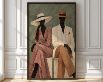 Black Couple Wall Art, Afrocentric Portrait Print, African American Art, Neutral Boho Wall Decor, Black Love Art, Digital Download