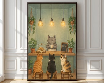Lámina decorativa de cafetería con gatos adorables, póster de cafetería con gatos baristas, decoración de pared de cocina original, regalo para amantes de los gatos. Arte para la estación de café.