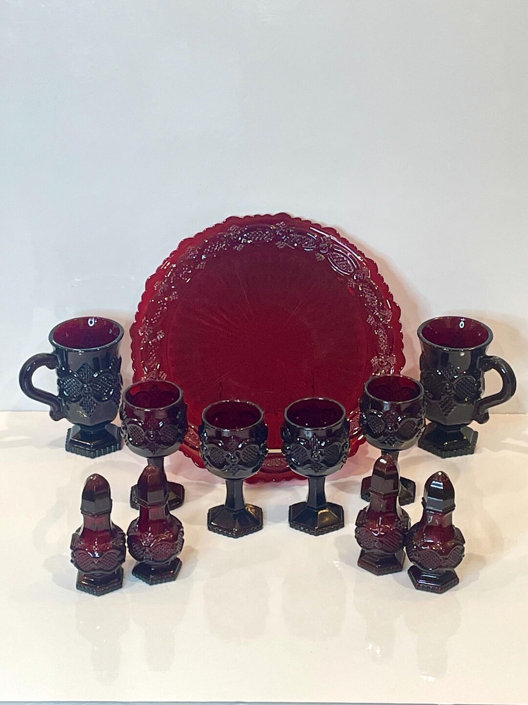Vintage Ruby Red Avon Cape Cod 1876 Collection Set: Mugs, Glasses ...