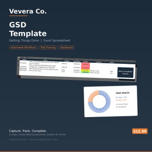 以下が含まれることがあります： 「Getting Things Done」のテキストが入った、Excel用の「GSD Template」の濃い青色のグラフィック。画像には、タスク追跡ダッシュボード、自動化されたワークフロー、タスクヘルスチャートが含まれています。テンプレートはExcel用に設計されています。