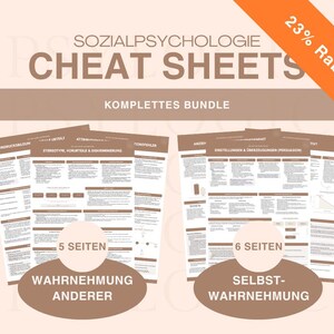 Könnte beinhalten: Ein Sozialpsychologie-Cheat-Sheet-Bundle bestehend aus zwei Sätzen von Lehrunterlagen. Der linke Satz umfasst 5 Seiten mit dem Titel Wahrnehmung Anderer, der rechte Satz 6 Seiten mit dem Titel Selbstwahrnehmung, jeweils mit braunem Text.
