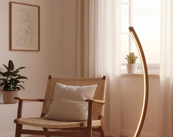 Modern Wood Floor Lamp, Curved Arc LED Floor Lamp, Minimalist Standing Light for Living Room, Wooden Home Decor