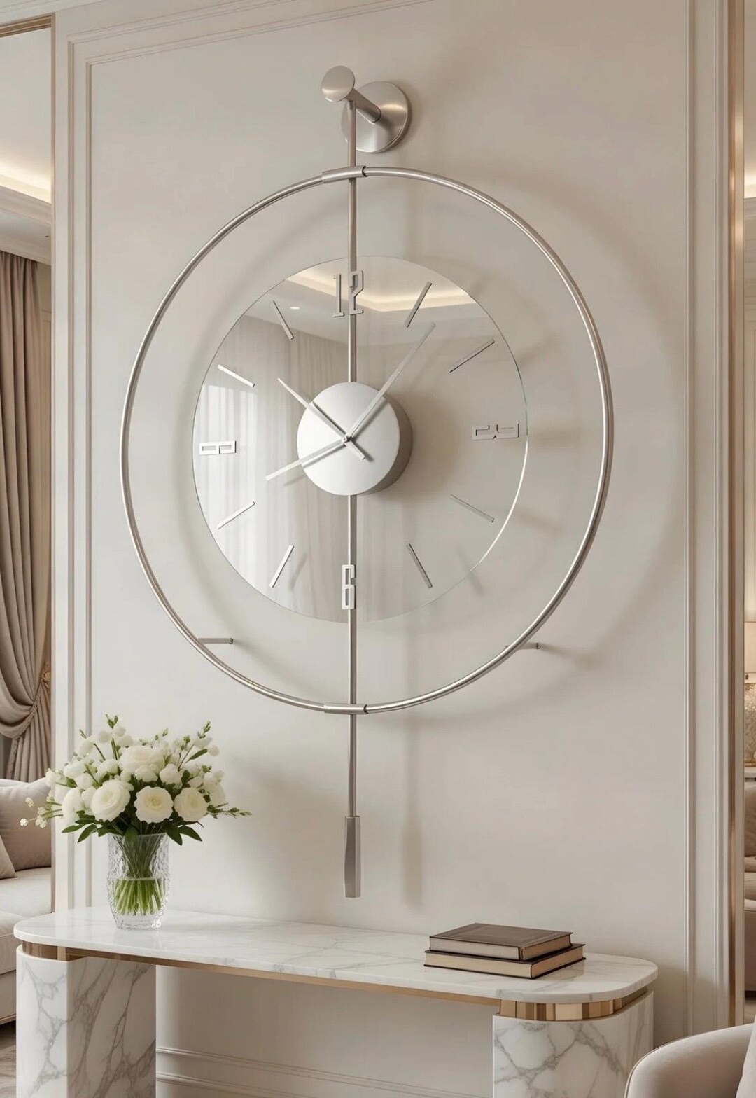 Silver and Gold Metal Wall Clock With Tempered Glass, Minimalist Silent ...