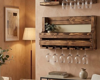 Handcrafted Rustic Wooden Drinks Rack: Wall Mounted Home Bar
